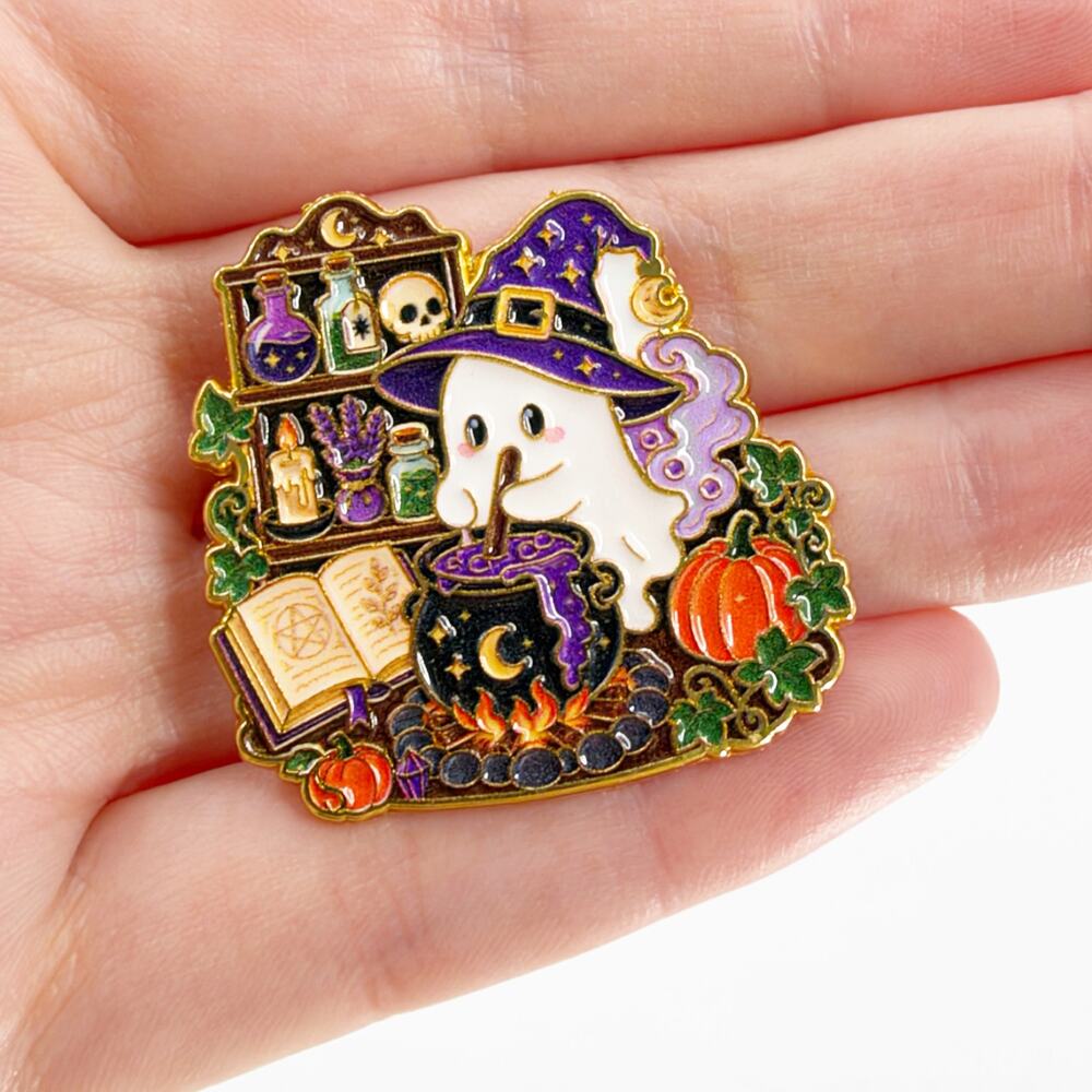 Cute Witch Ghost Enamel Pin Halloween Fall Spooky Cottagecore Brooch
